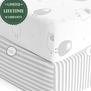 Fitted Crib Sheets Set 2 Pack Grey Stripes, Sheep Standard 28 X 52 Mattress NWOT